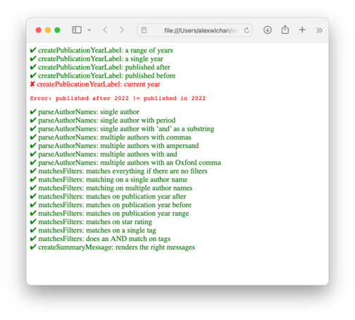 Screenshot of a web browser showing a series of test results. Each test result is a single line, either with a green tick (pass) or a red cross (fail) and a one-line description of what's being tested.